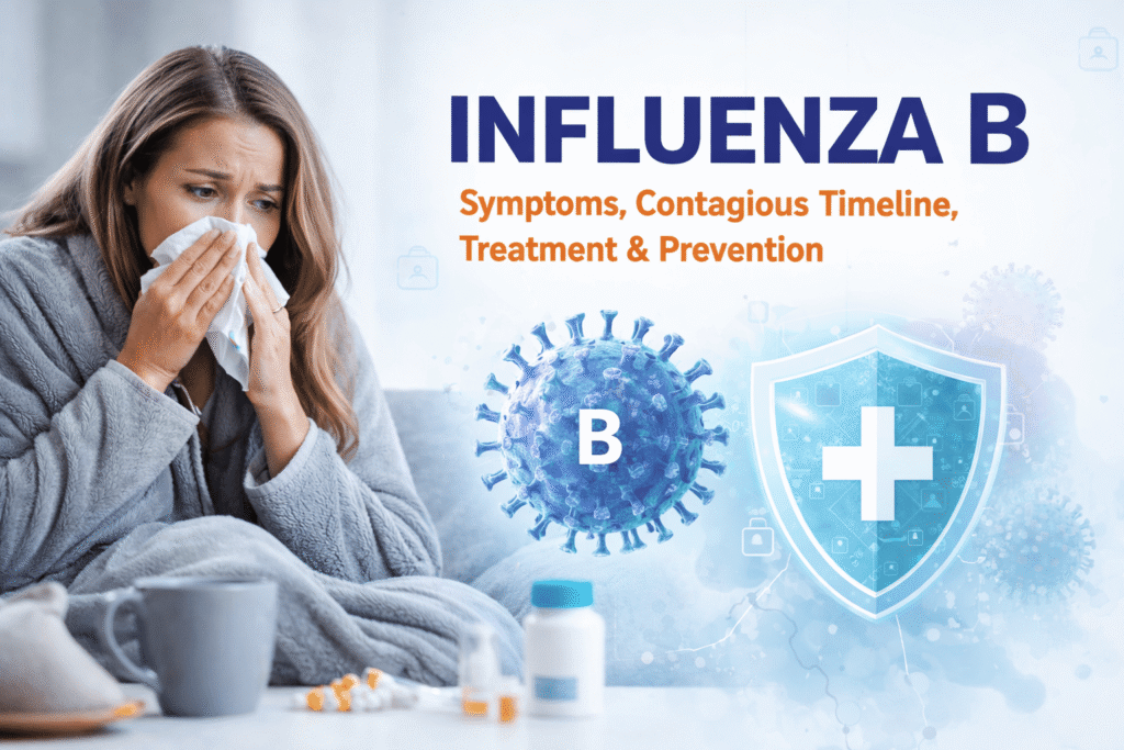 Influenza B (flu) symptoms, contagious timeline, treatment and prevention banner.