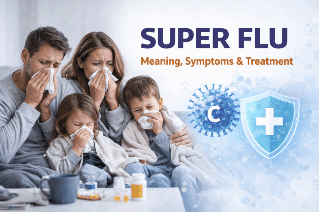 Super flu meaning, symptoms and treatment banner with sick family.
