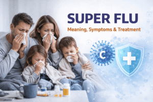 Super flu meaning, symptoms and treatment banner with sick family.