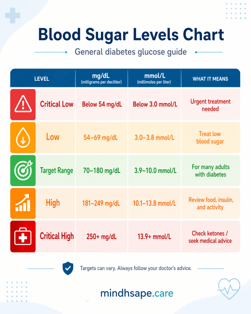 Blood Sugar Levels Chart infographic showing categories like Critical Low, Low, Target Range, High, and Critical High with meanings side-by-side for general diabetes guidance.