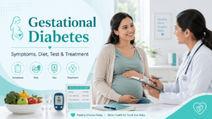 Gestational diabetes consultation banner with pregnant patient, licensed doctor, blood sugar monitor, healthy food, and treatment guidance.