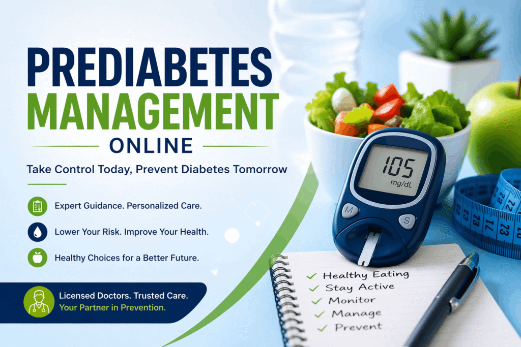 Prediabetes Management Online banner showing a glucose meter, healthy salad, apple, measuring tape, and prevention-focused healthcare text.