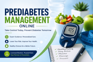 Prediabetes Management Online banner showing a glucose meter, healthy salad, apple, measuring tape, and prevention-focused healthcare text.