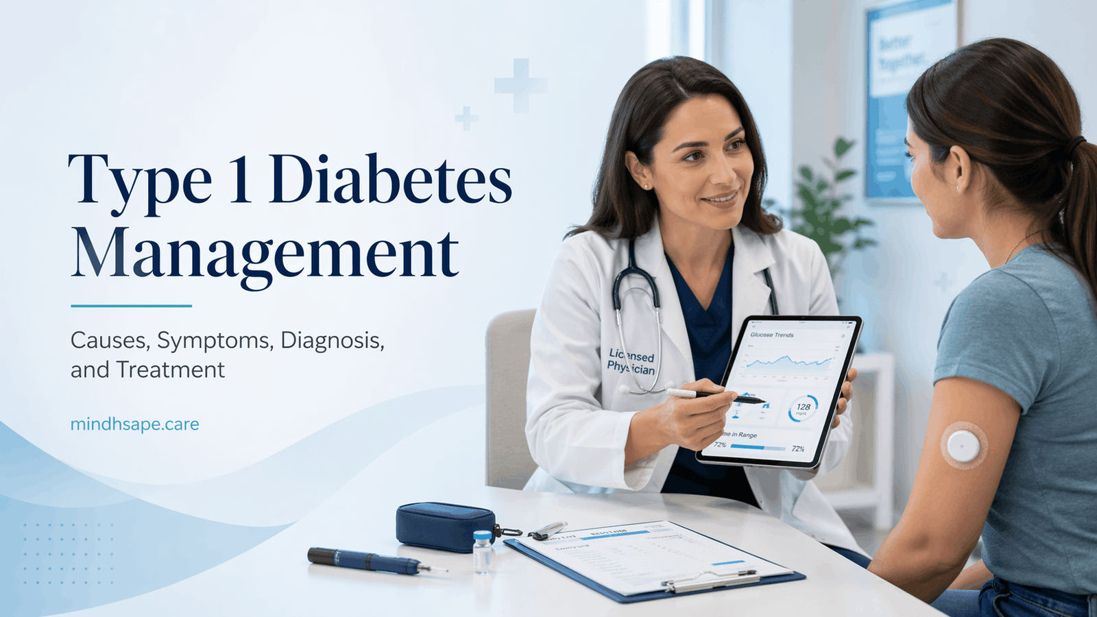 Licensed doctor discussing type 1 diabetes management with a patient using a glucose trends tablet, CGM sensor, and insulin supplies in a modern clinic.