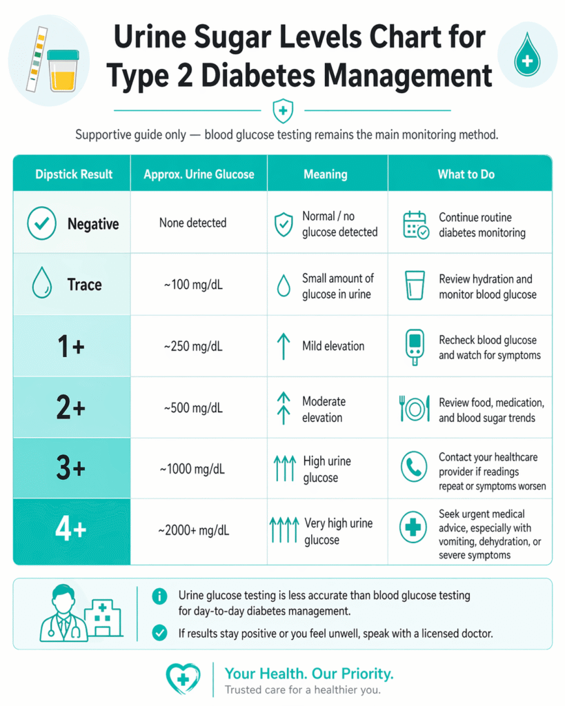 Urine sugar levels chart for type 2 diabetes management showing negative, trace, 1+, 2+, 3+, and 4+ dipstick results with guidance.