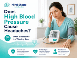 A woman with headache checking high blood pressure at home.
