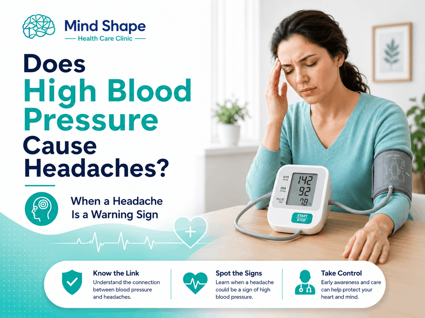 A woman with headache checking high blood pressure at home.