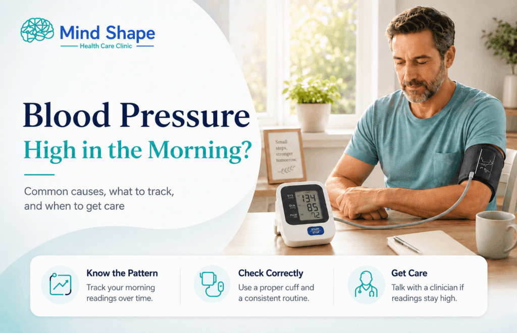 Man checking blood pressure at home in the morning.