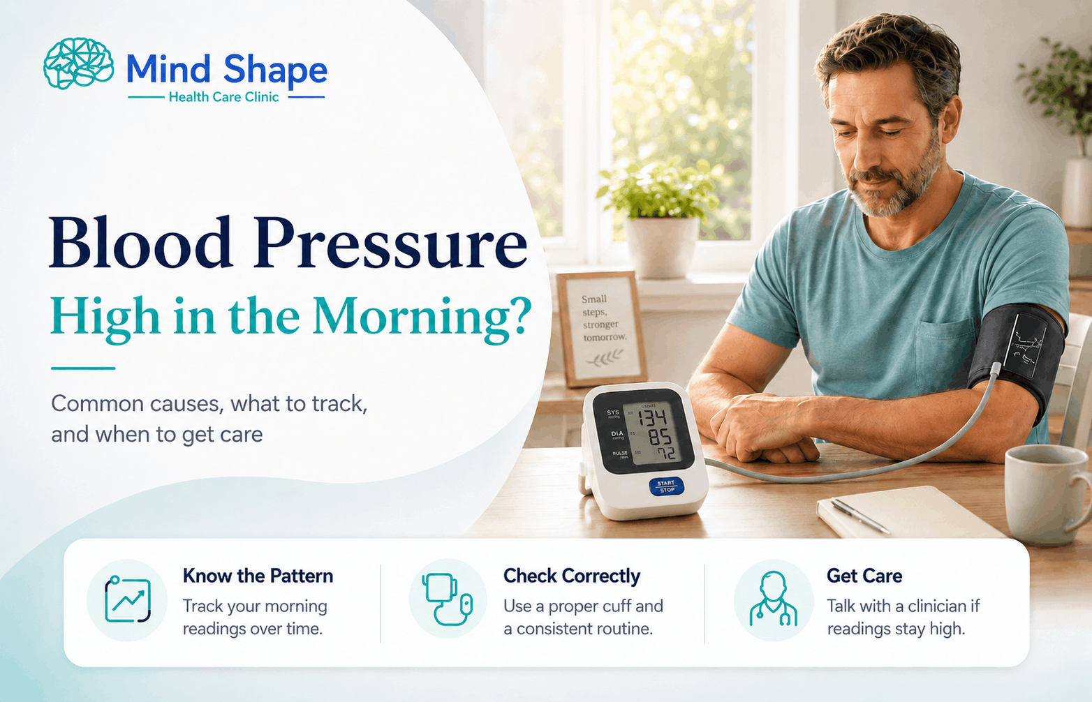 Man checking blood pressure at home in the morning.