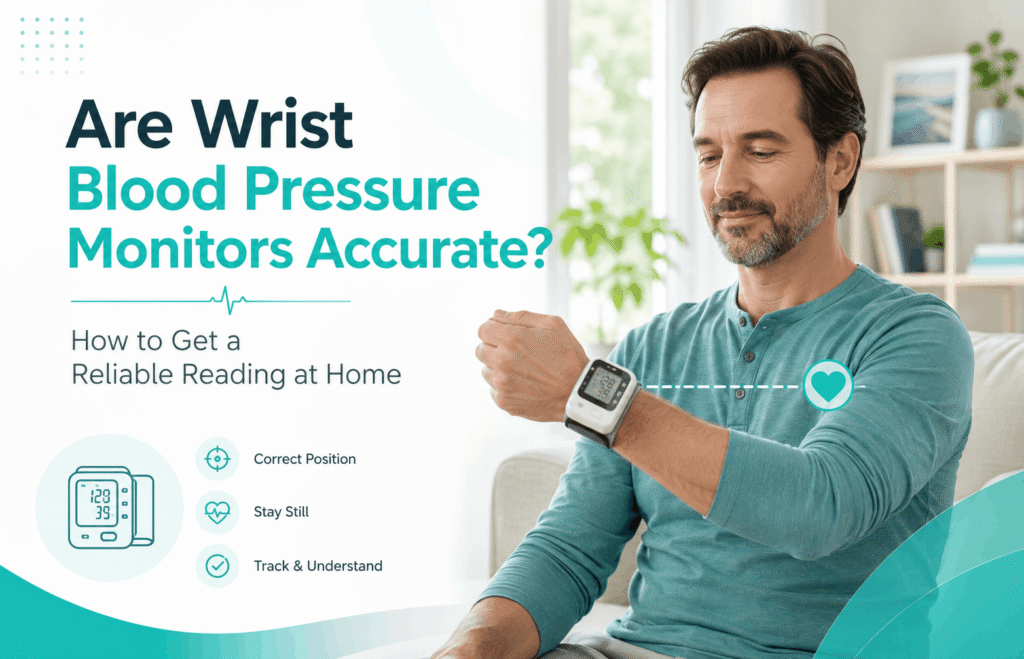Man using a wrist blood pressure monitor at home.