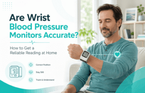 Man using a wrist blood pressure monitor at home.