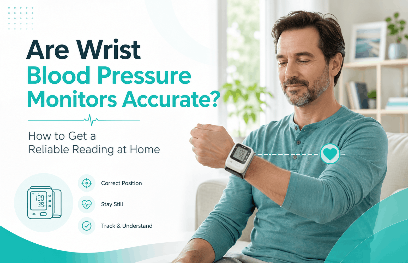 Man using a wrist blood pressure monitor at home.