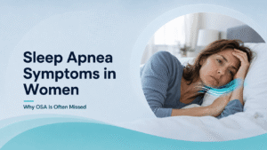 Tired woman lying awake in bed with an airflow graphic illustrating sleep apnea symptoms in women.