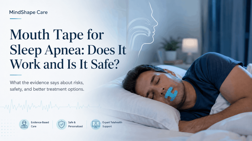 Adult sleeping with mouth tape, illustrating safety concerns about using mouth tape for sleep apnea.