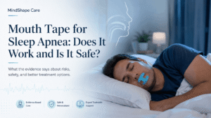 Adult sleeping with mouth tape, illustrating safety concerns about using mouth tape for sleep apnea.