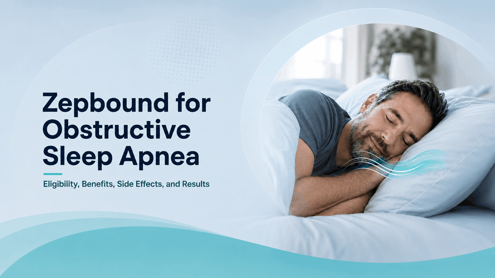Promotional banner for Zepbound for obstructive sleep apnea; man sleeping in bed with teal wave graphics and bold title text.