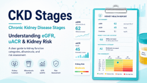 Chronic Kidney Disease Stages chart showing eGFR, uACR, and kidney risk assessment