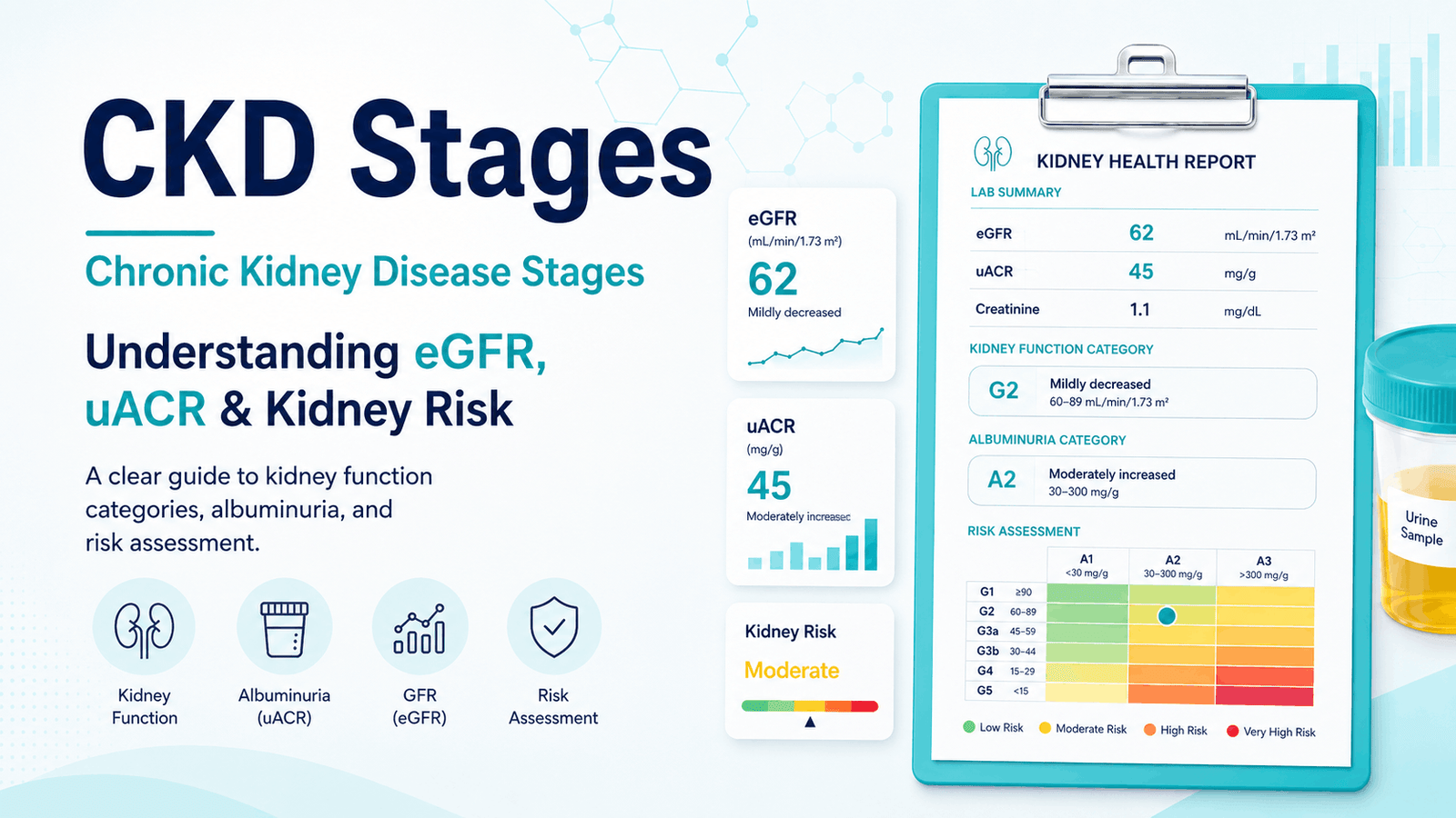Chronic Kidney Disease Stages chart showing eGFR, uACR, and kidney risk assessment
