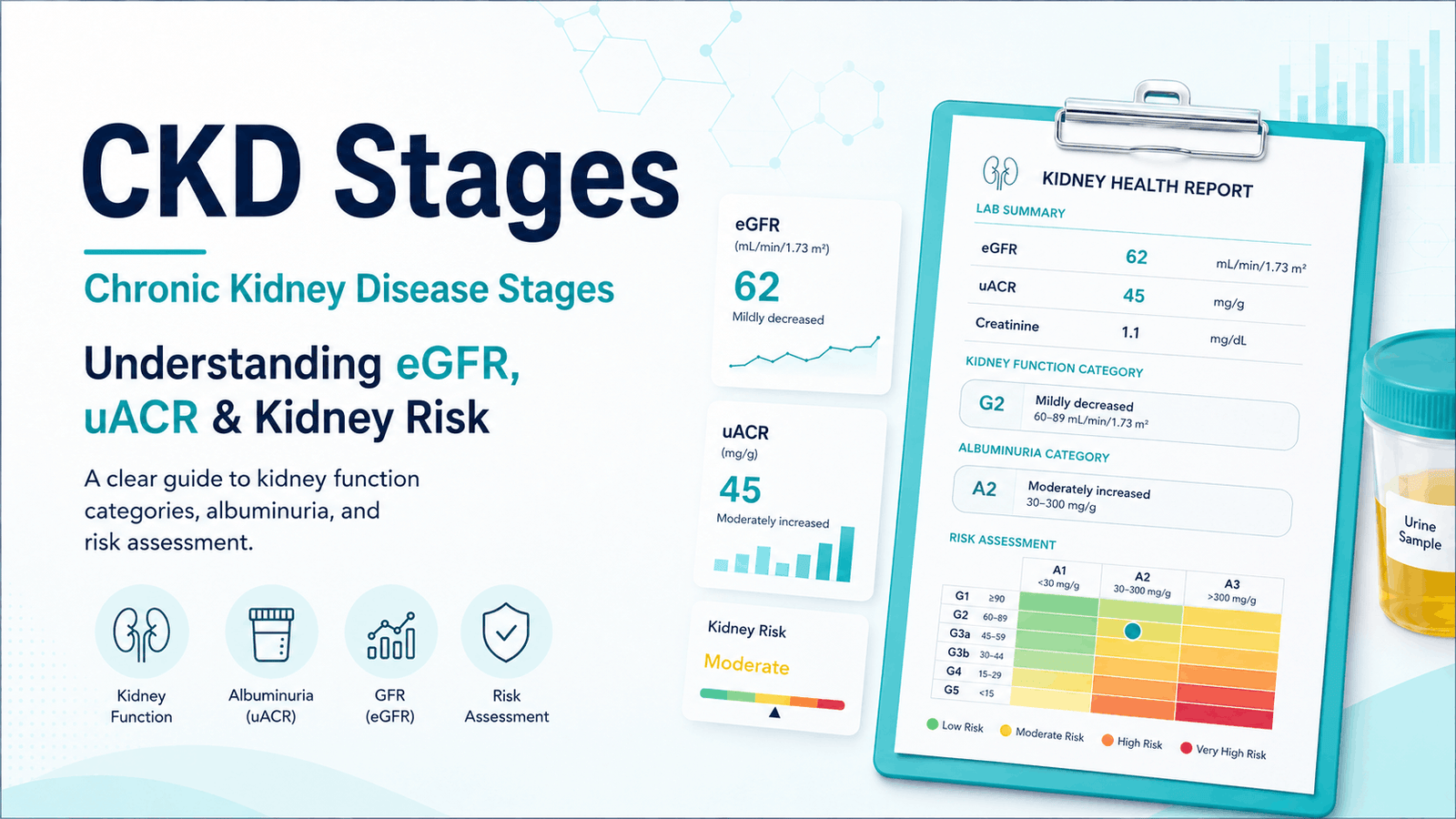 Chronic Kidney Disease Stages chart showing eGFR, uACR, and kidney risk assessment
