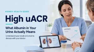Doctor explaining a high uACR test result and albumin in urine to a patient during a kidney health consultation.